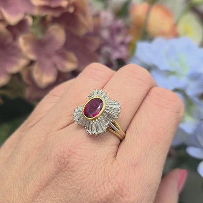 Oval Ruby and Tapered Baguette Diamond Ballerina Cluster Ring