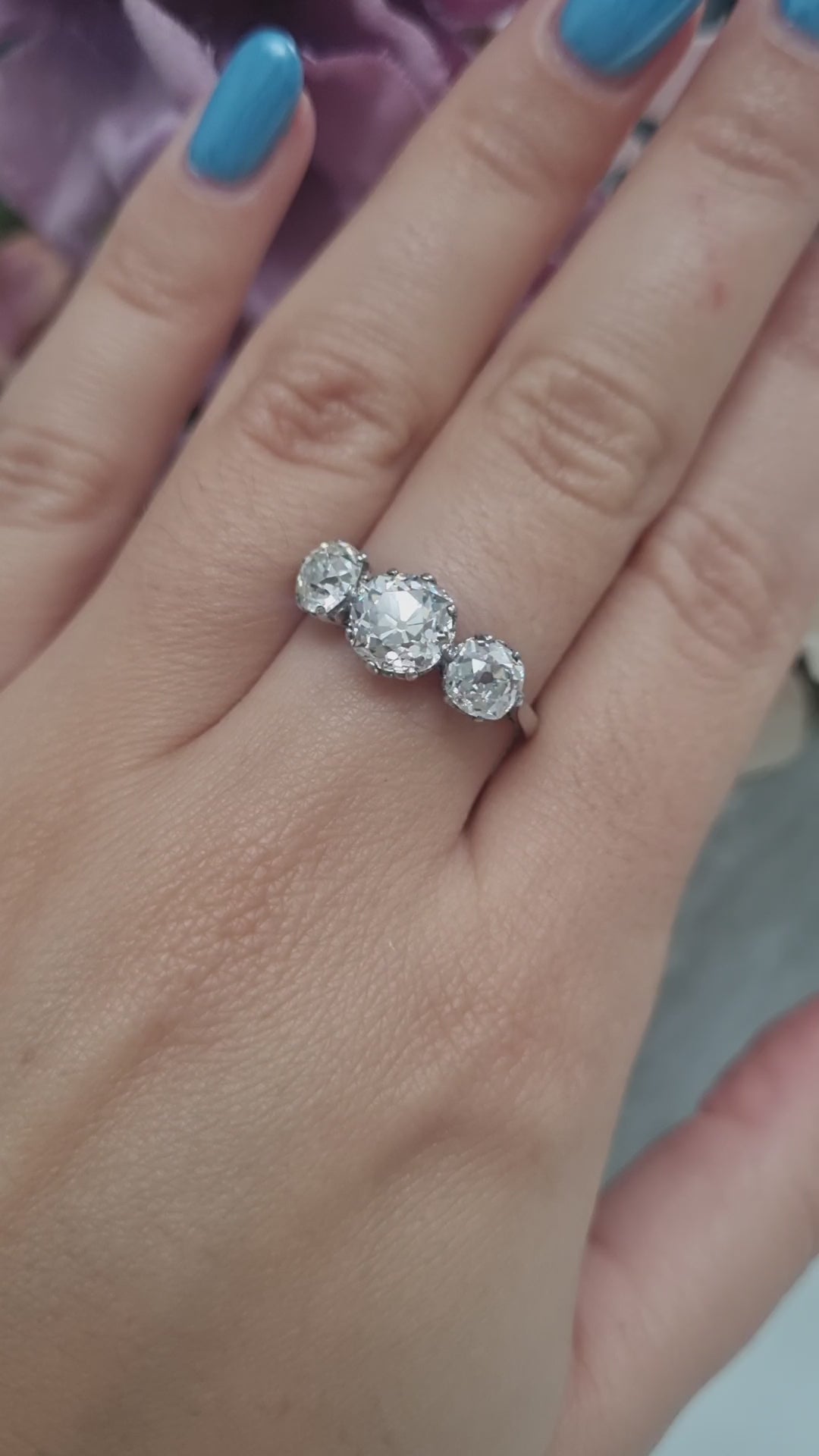 Antique 2.9ct Old Mine Cut Diamond Three Stone Engagement Ring