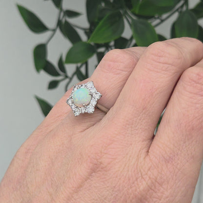 Vintage French Opal and Diamond Hexagonal Star Cluster Engagement Ring