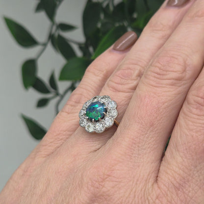 Victorian Antique Black Opal and Old Cut Diamond Cluster Engagement Ring