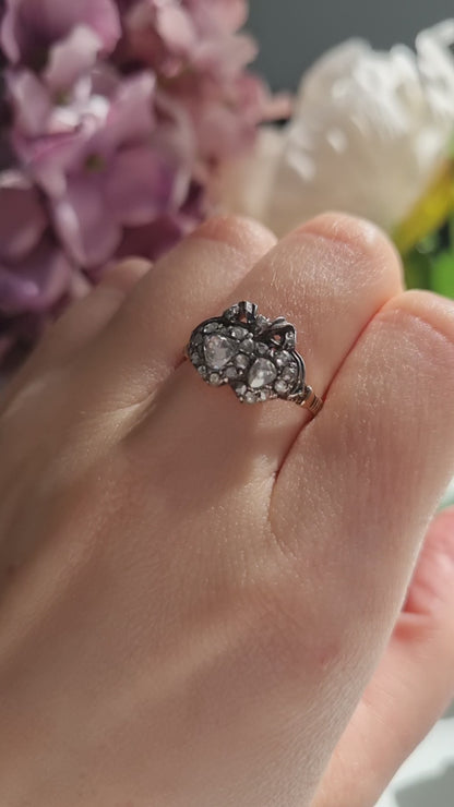 Antique Rose Cut Diamond Double Heart and Bow Ring