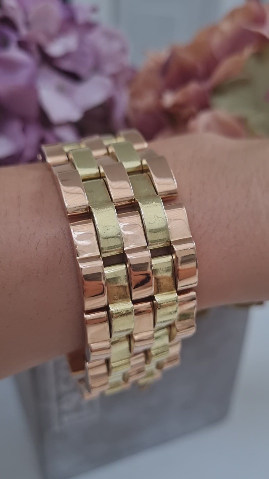 Vintage 1940s Retro Bi Colour 18ct Gold Brick Link Wide Bracelet