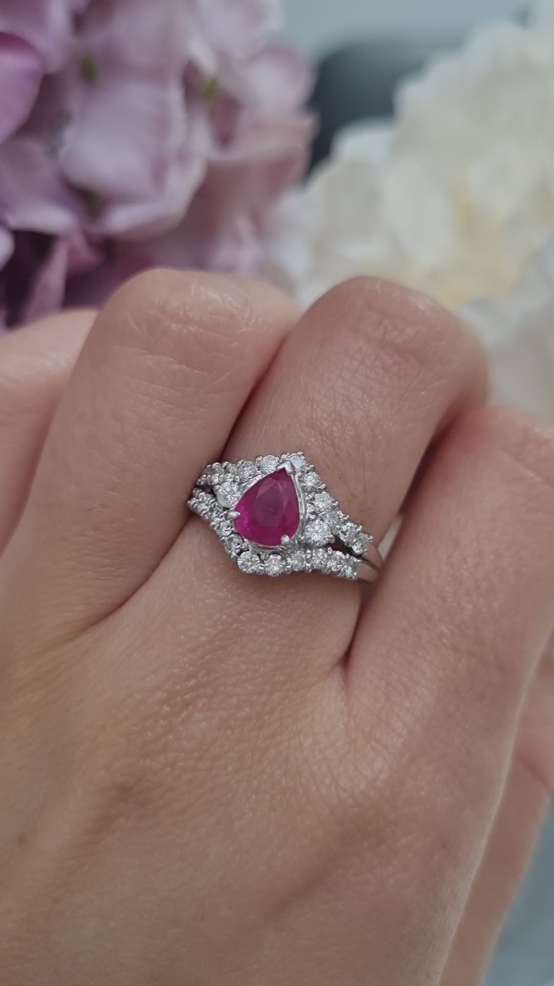 1ct Pear Cut Ruby and Diamond Cluster Engagement Ring in Platinum