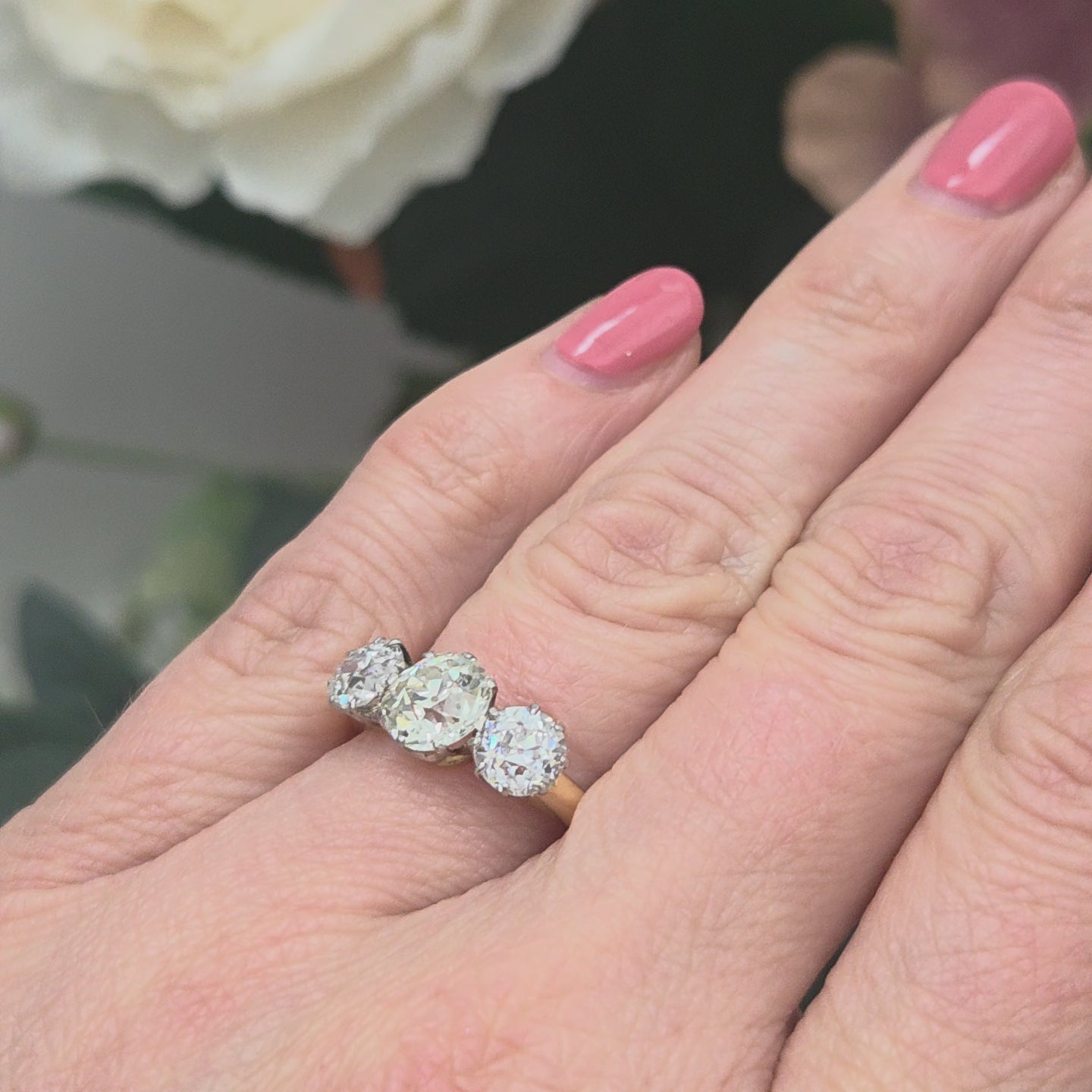 Antique Vintage Art Deco Old European Cut Diamond Trilogy Engagement Ring, 3.20 carats