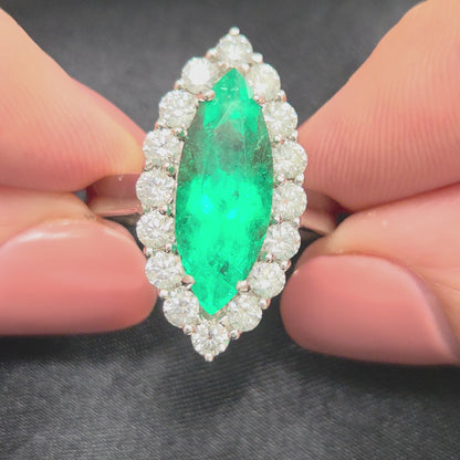 Vintage 5ct Marquise Emerald and Diamond Navette Cluster Ring in Platinum