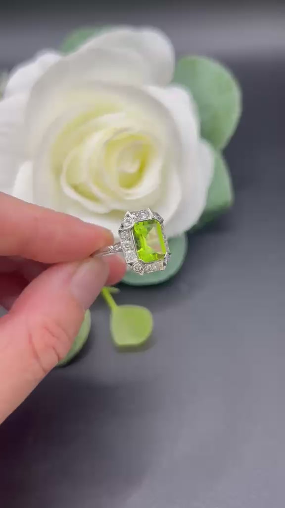 Antique 18 ct White Gold And Platinum, 1920's Peridot And Diamond Rectangular Halo Cluster Ring