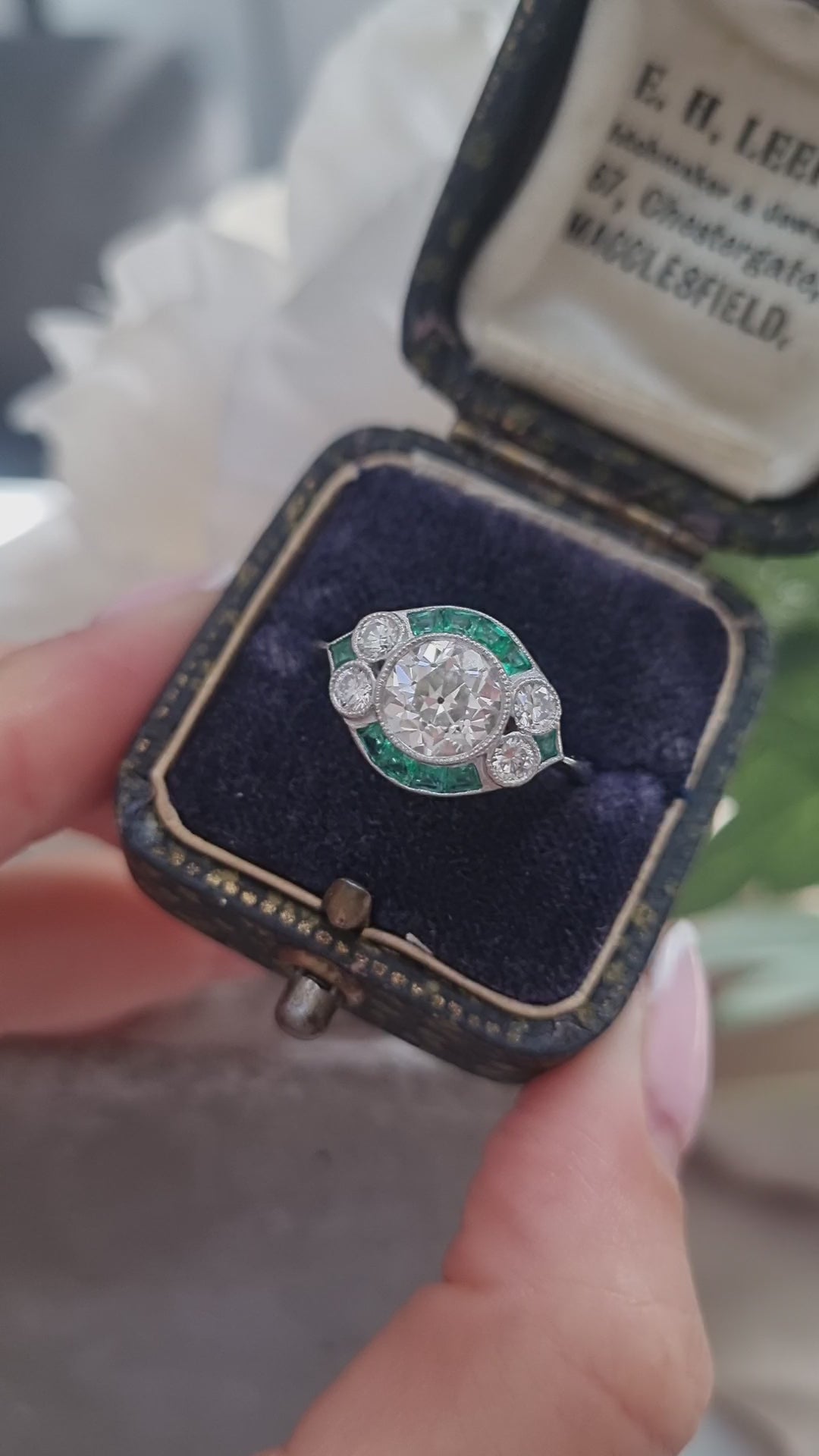 Art Deco Inspired 1.21ct Diamond and Emerald Target Cluster Ring in Platinum
