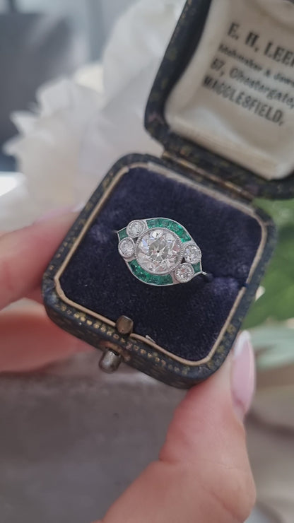 Art Deco Inspired 1.21ct Diamond and Emerald Target Cluster Ring in Platinum
