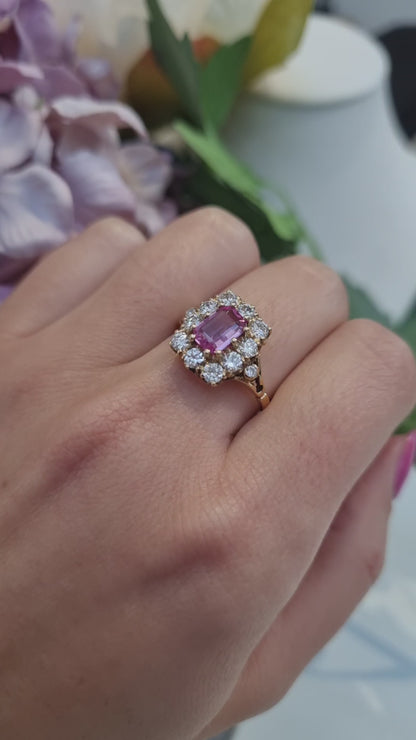 Antique Style Pink Sapphire and Diamond Crown Cluster Ring in Yellow Gold