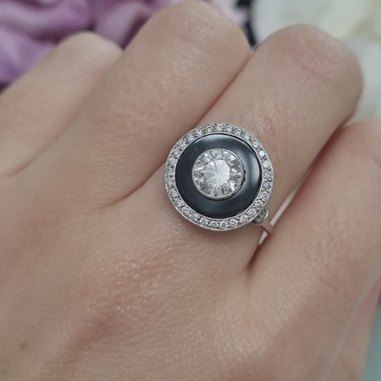 Art Deco 1ct Old Cut Diamond and Onyx Target Cluster Ring