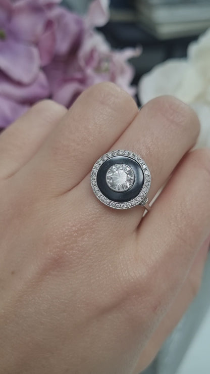 Art Deco 1ct Old Cut Diamond and Onyx Target Cluster Ring