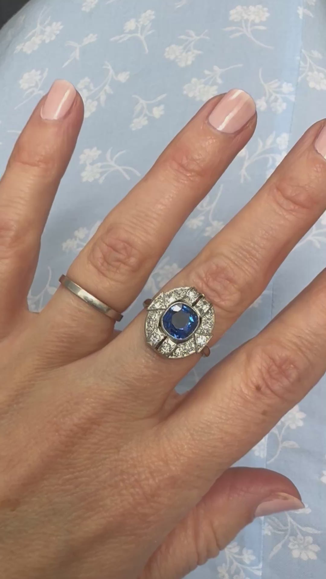 Art Deco French 1.87ct Sapphire and Diamond Cluster Plaque Ring in Platinum