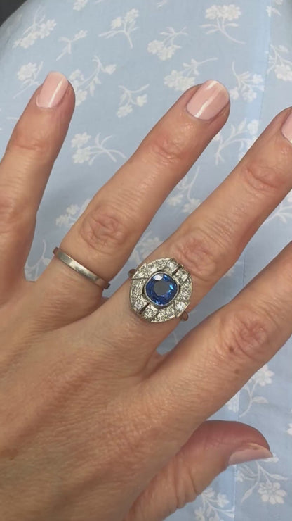 Art Deco French 1.87ct Sapphire and Diamond Cluster Plaque Ring in Platinum