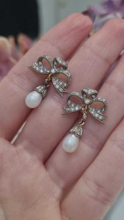 Edwardian Antique Old Cut Diamond Bow and Pearl Drop Earrings