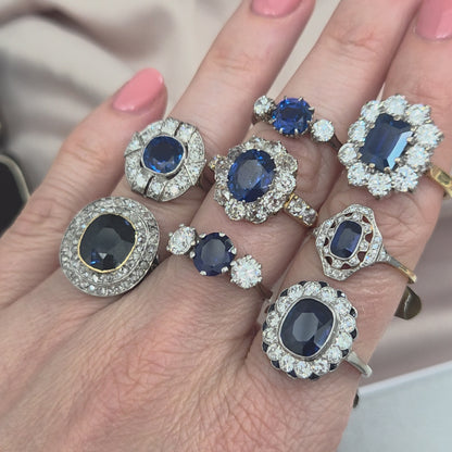 Art Deco French 1.87ct Sapphire and Diamond Cluster Plaque Ring in Platinum