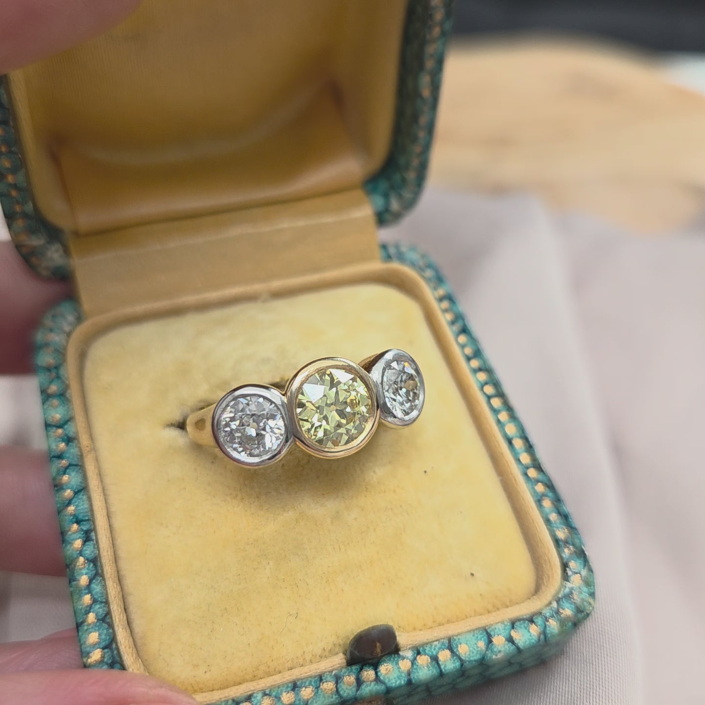 Edwardian Antique Yellow and White Diamond Three Stone Ring