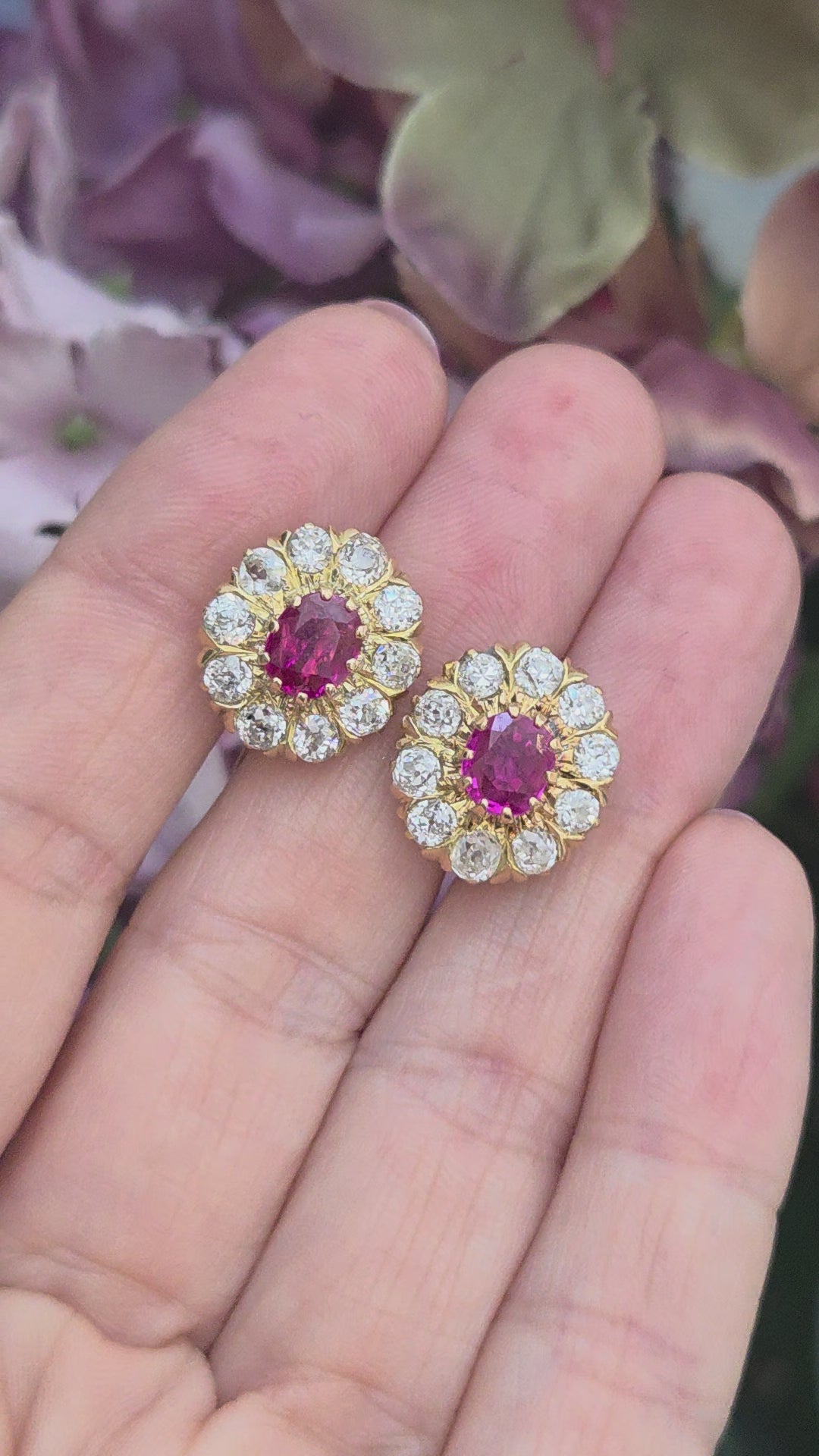 Vintage Burma Ruby and Old Cut Diamond Cluster Earrings