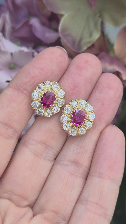 Vintage Burma Ruby and Old Cut Diamond Cluster Earrings