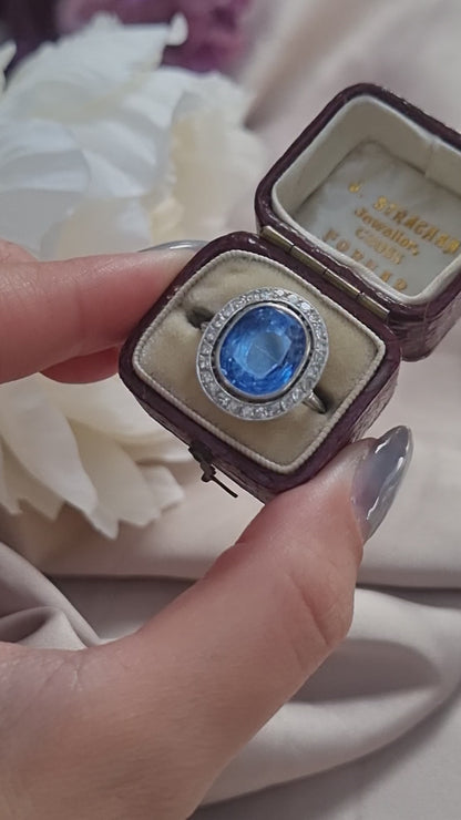 Vintage Art Deco 6ct Ceylon Sapphire and Diamond Cluster Ring