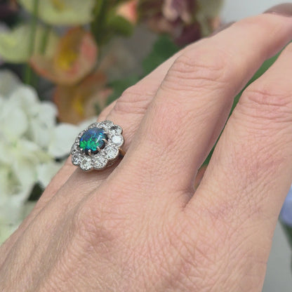 Victorian Antique Black Opal and Old Cut Diamond Cluster Engagement Ring