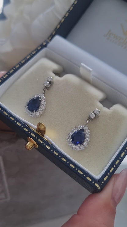 3.56ct Pear Cut Sapphire and Diamond Cluster Drop Earrings