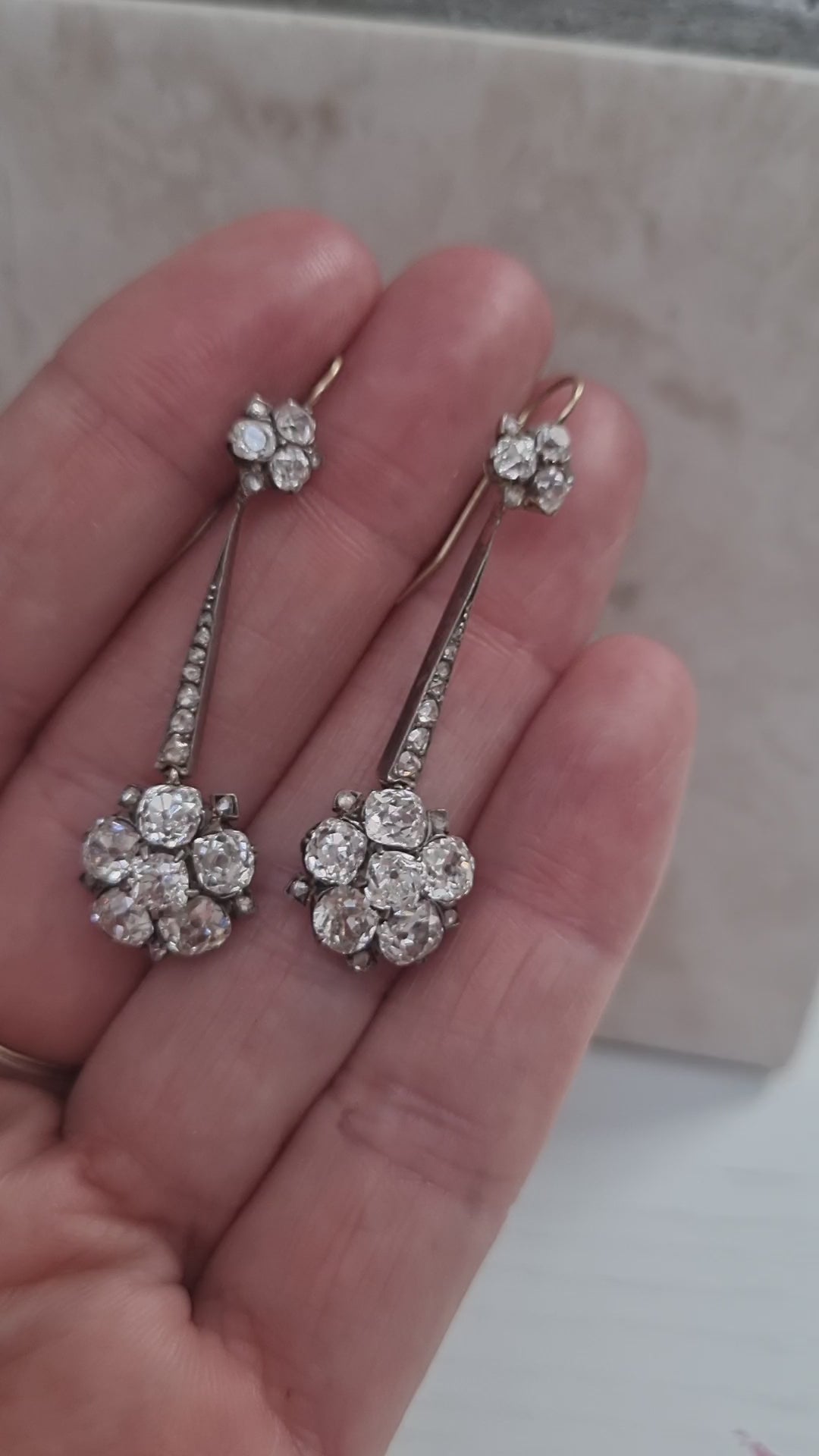 Edwardian Antique 6.8ct Old Cut Diamond Floral Cluster Drop Earrings