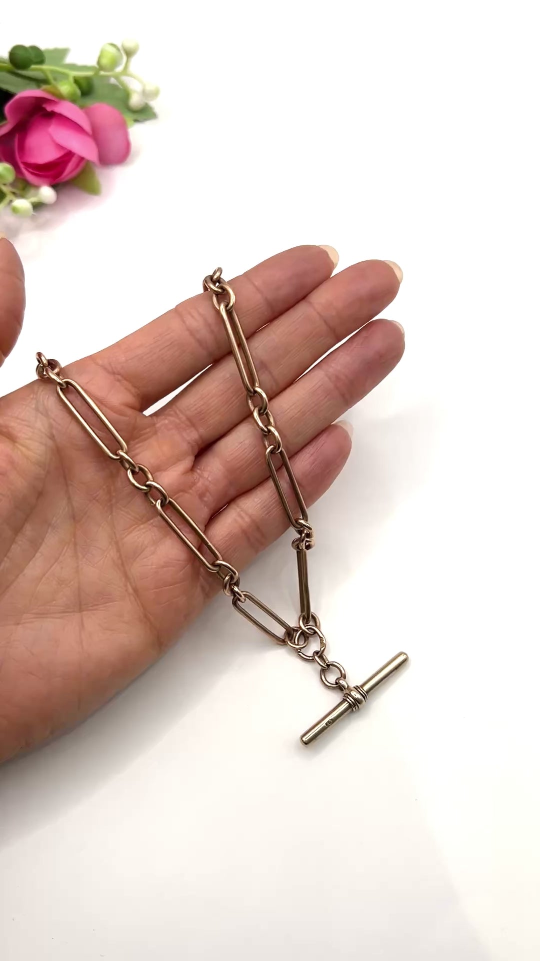Antique 9ct Rose Gold Trombone Link Albert Chain Necklace