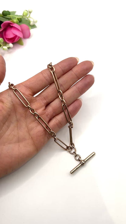 Antique 9ct Rose Gold Trombone Link Albert Chain Necklace
