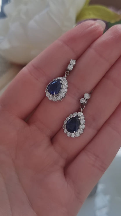 3.56ct Pear Cut Sapphire and Diamond Cluster Drop Earrings