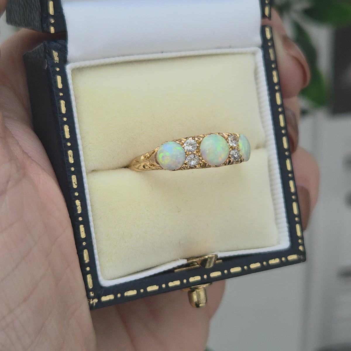 Edwardian Antique Opal Three Stone Carved Hoop Ring with Diamonds