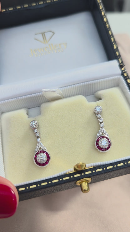 Ruby and Diamond Target Cluster Drop Earrings