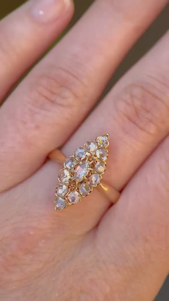 Victorian Antique Rose Cut Diamond Navette Cluster Ring