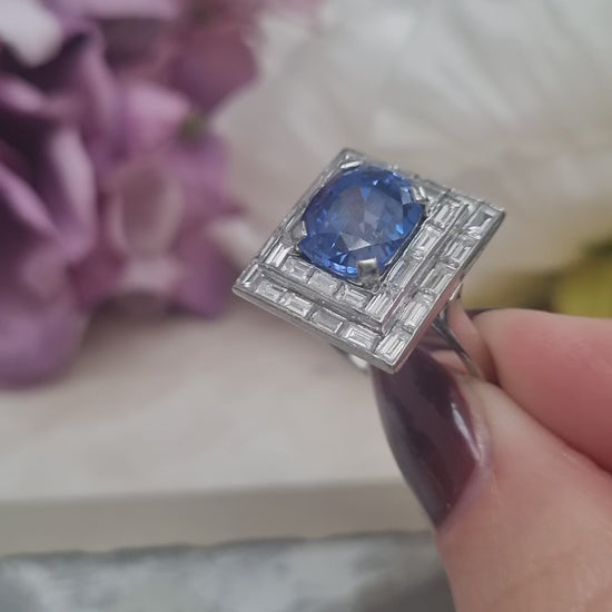 Art Deco French 5ct Sapphire and Baguette Diamond Cluster Plaque Ring 1930s