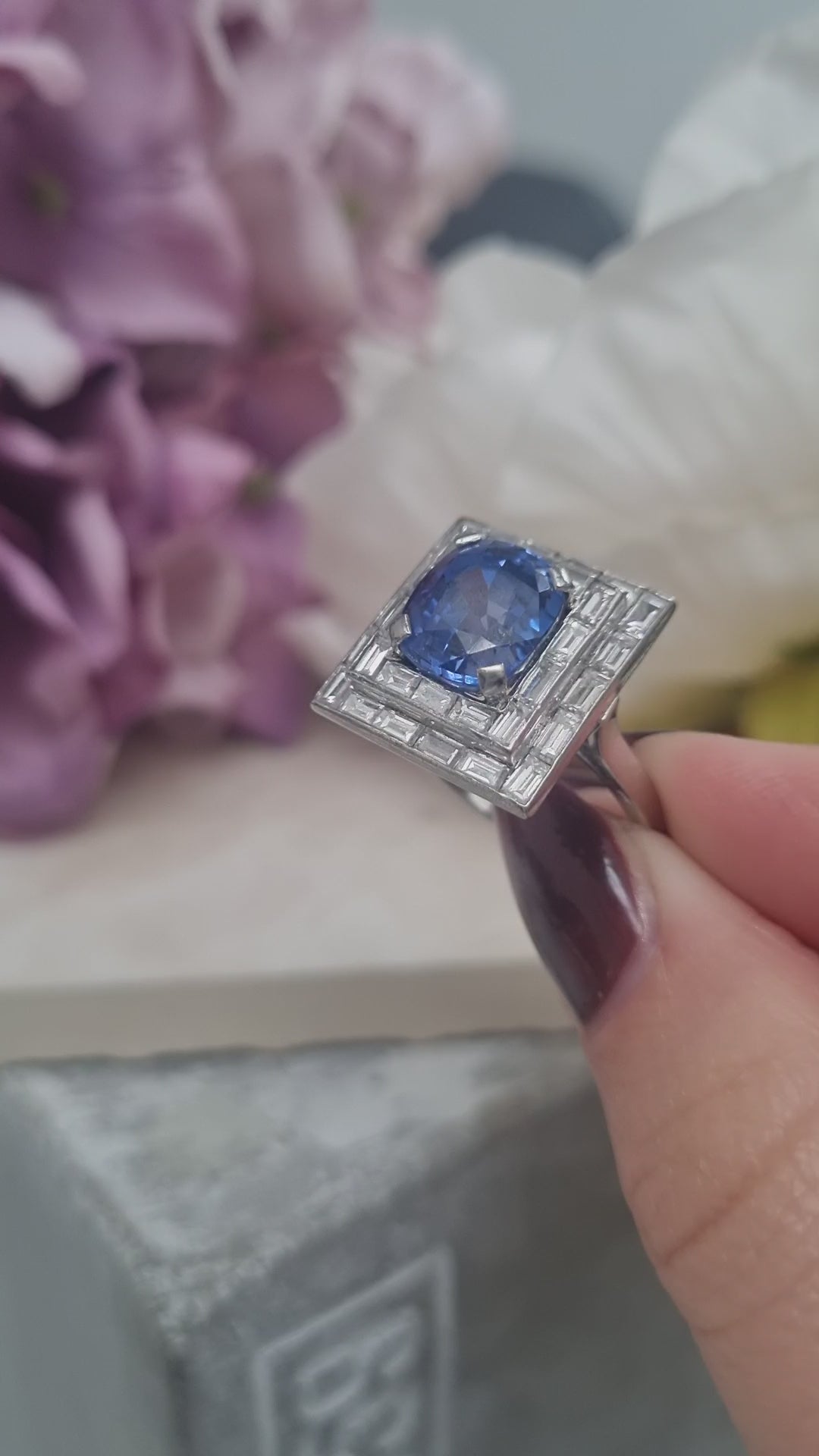 Art Deco French 5ct Sapphire and Baguette Diamond Cluster Plaque Ring 1930s