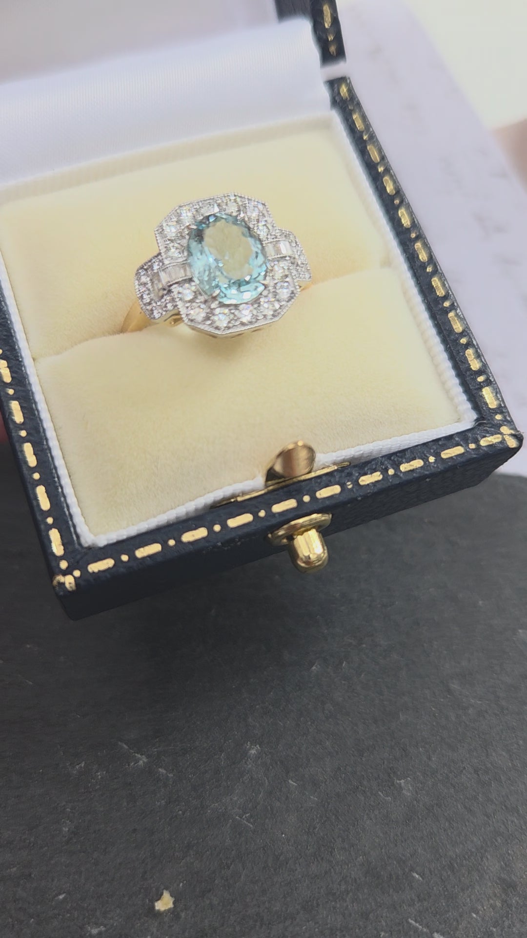1.64ct Oval Aquamarine and Diamond Cluster Dress Ring with Buckle Shoulders
