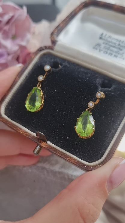 Victorian Antique Pear Shape Peridot and Natural Pearl Drop Earrings