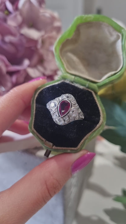 Edwardian Antique Pear Shape Ruby and Diamond Cluster Dress Ring