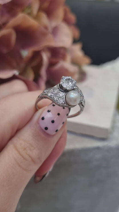 Belle Epoque Natural Pearl and Old Cut Diamond Ring in Platinum
