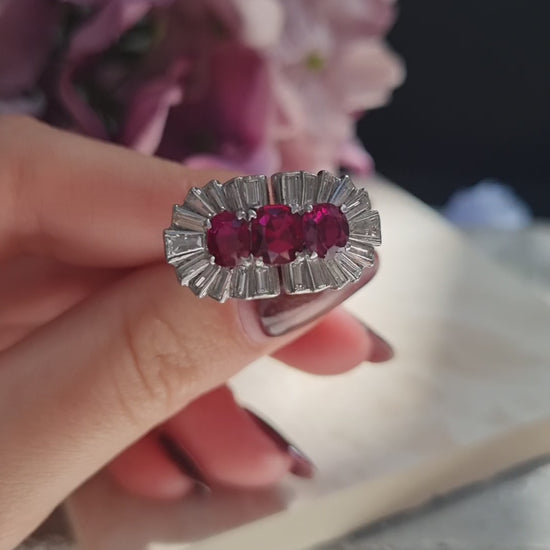 Vintage 1940s Ruby and Baguette Diamond Cocktail Ring