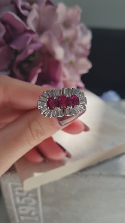 Vintage 1940s Ruby and Baguette Diamond Cocktail Ring