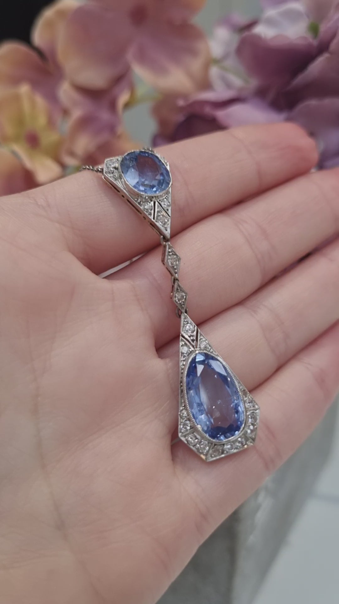 Art Deco Cornflower Ceylon Sapphire and Diamond Pendant Necklace
