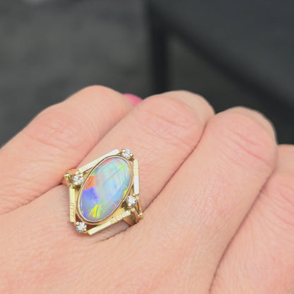 Vintage 18 Carat Gold Geometric Black Opal and Diamond Statement Ring