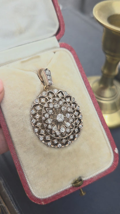 Victorian Antique 2.50ct Old Cut Diamond Oval Cluster Pendant-come-Brooch