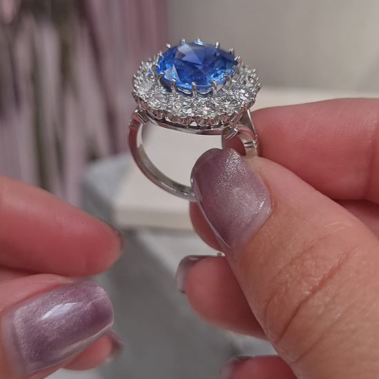 Natural Cornflower Ceylon Sapphire and Diamond Cluster Ring