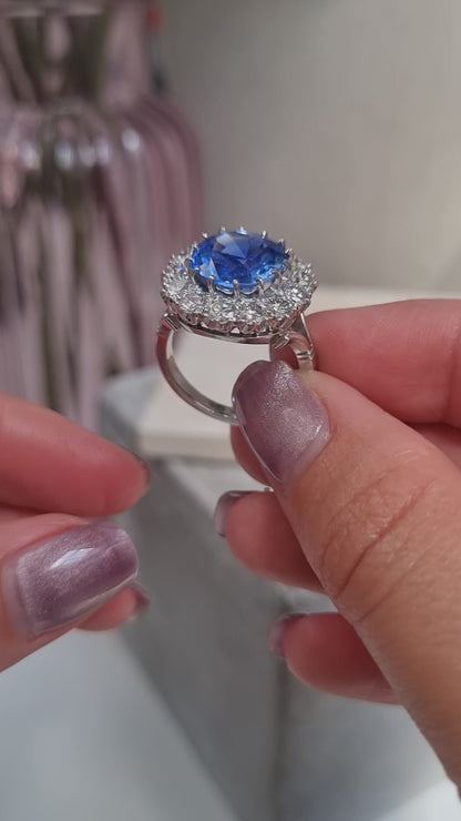 Natural Cornflower Ceylon Sapphire and Diamond Cluster Ring
