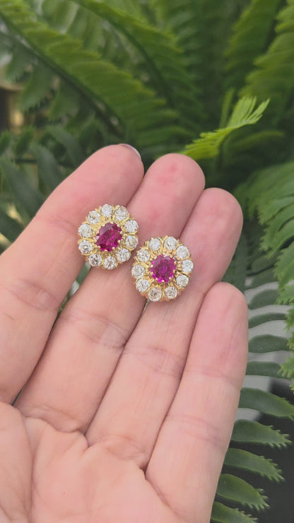 Vintage Burma Ruby and Old Cut Diamond Cluster Earrings