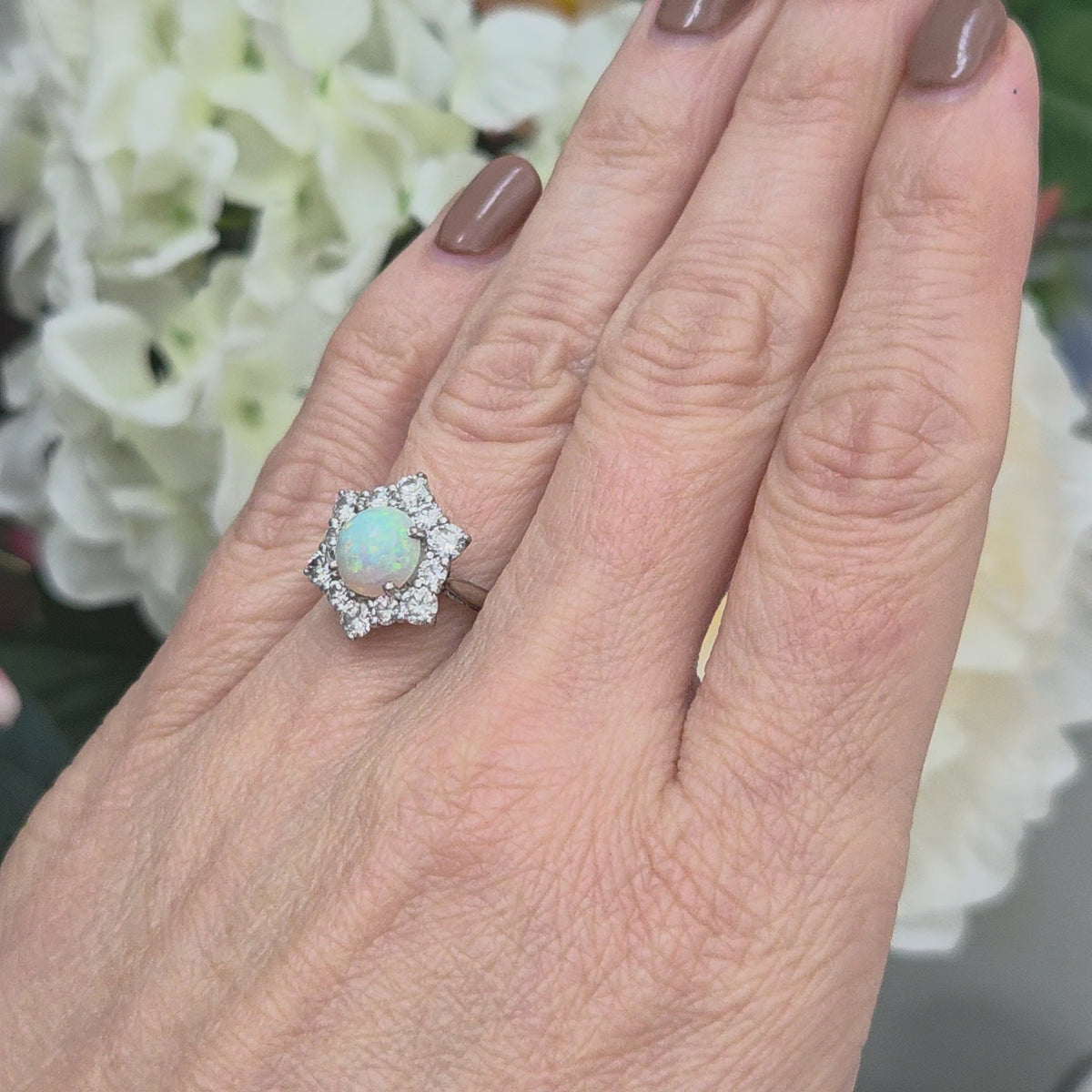 Vintage French Opal and Diamond Hexagonal Star Cluster Engagement Ring