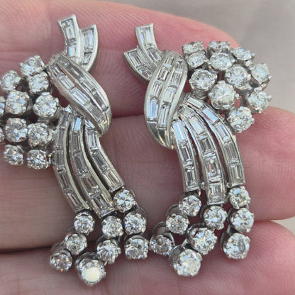 Vintage Cascade Diamond Platinum Earrings Circa 1950's
