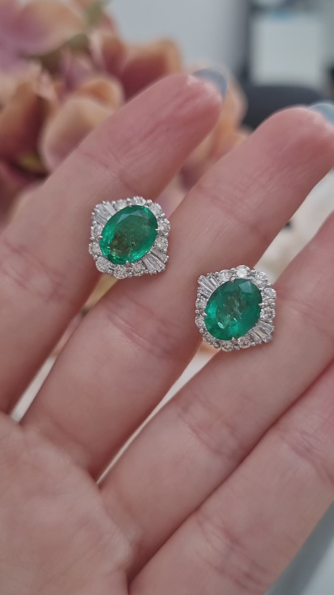 3.61ct Oval Emerald and Diamond Cluster Stud Earrings in 18ct Gold