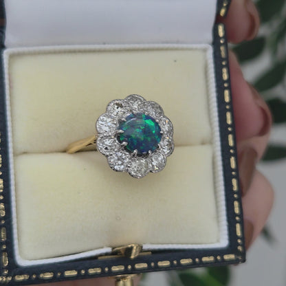 Victorian Antique Black Opal and Old Cut Diamond Cluster Engagement Ring